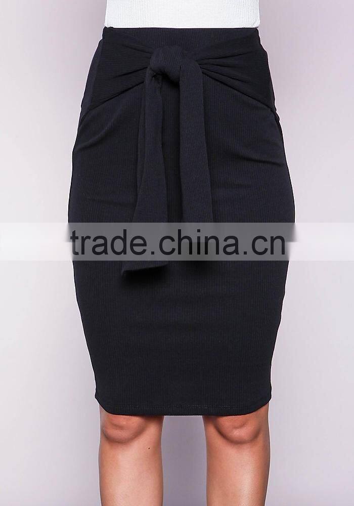 Bulk Price Fashion Design Ribbed Bodycon Midi Skirt For Women With Black Tied Front Fashionable Clothes