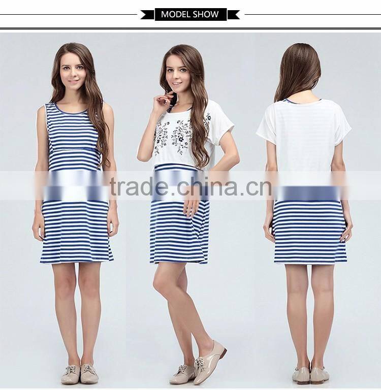 White and Blue Strips Maternity Dress End Atheleisure Nursing Clothing Athleisure Hide Breastfeeding Opening Skirts