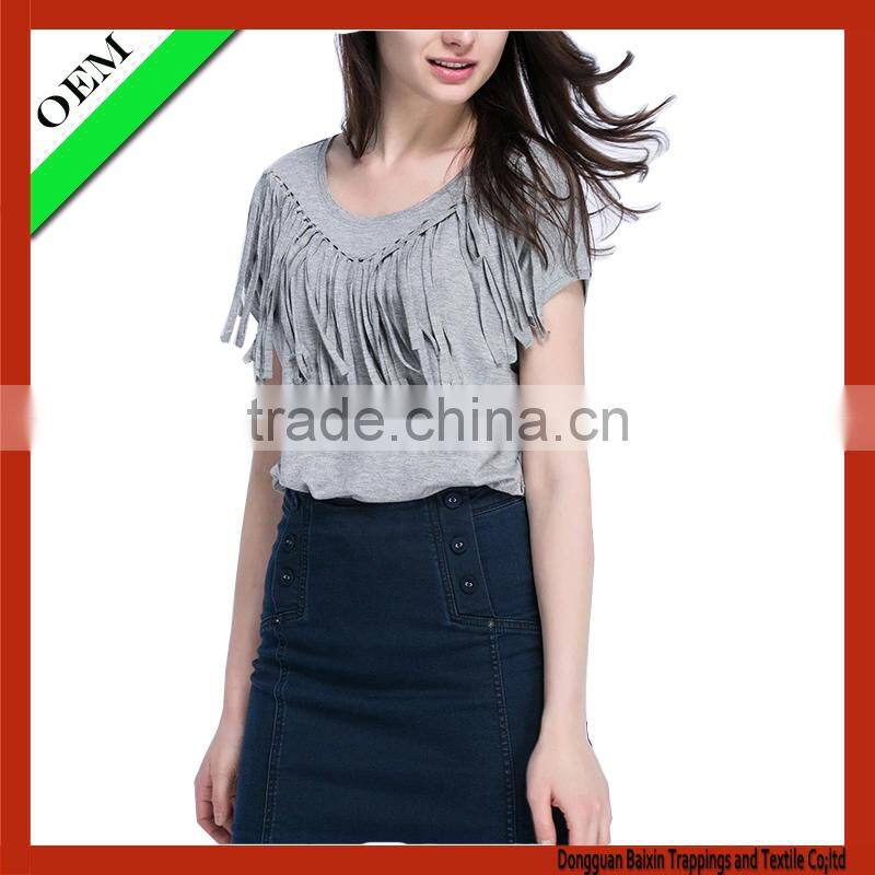 2015 100% cotton t-shirt women fringe t-shirt OEM