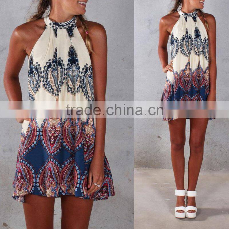 Wholesale Boho Design/Summer loose Printed Halter Style Sleeveless Hippie Women Chiffon Dress Mini Dress Plus Size