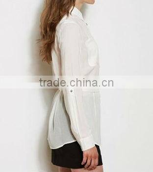 2013 women white sheer chiffon long blouse with belt