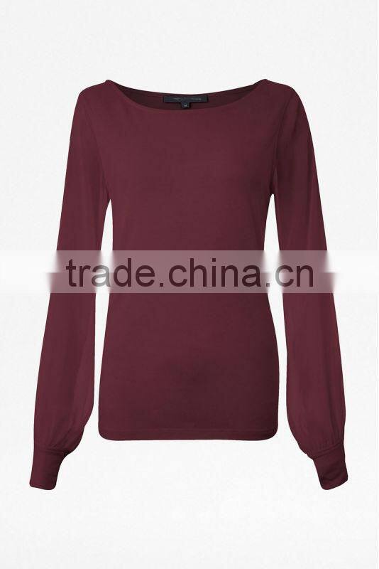 Ladies Jersey Top with sheer sleeves and gathered cuffs