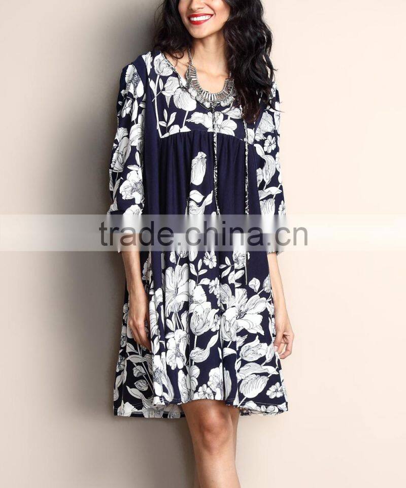 New Fashion Women Dresses With Navy Floral Tie-Front Tunic Dress Women Casual Dress Women Clothing GD90426-17