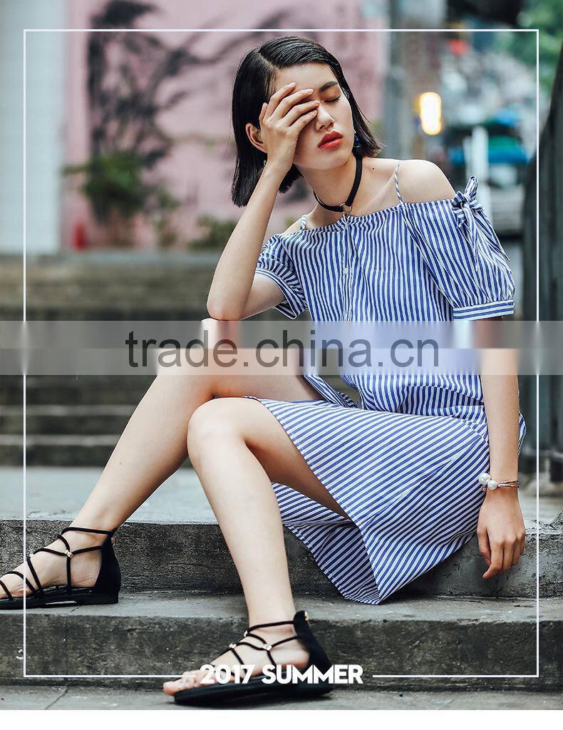 Dresses 2017 summer blue stripe one off shoulder dress lazy and comfortable fashion summer street style daily dress