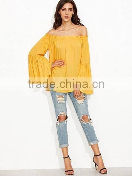 Women lady blouse Off Shoulder Pleated Ruffle Sleeve Blouse Top