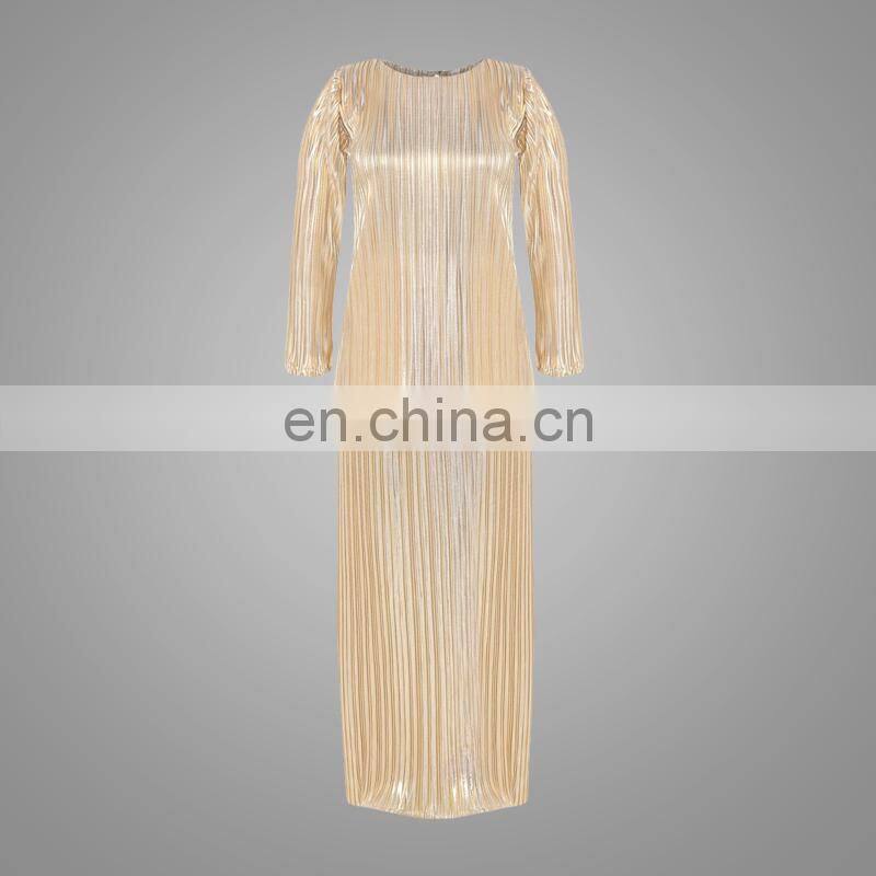 Designer Light Gold Baju Kurung Fashion Pleats Material Women Suits Malaysia Style Dress