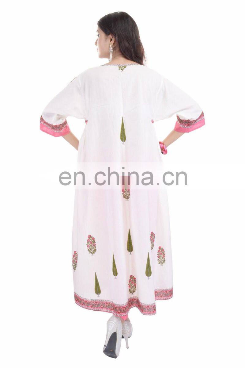 Women Cotton Block Printed Long Dress Casual Designer Sexy Tunic
