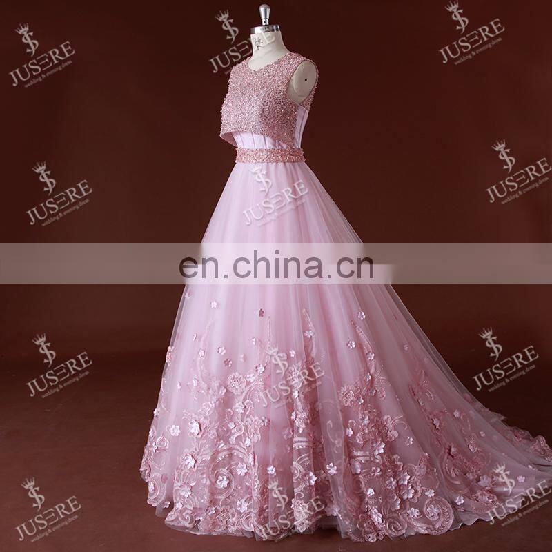 Stylish Sleeveless Flowers Lace Appliqued Beaded Low-Cut Back Ball Gown Pink Patterns Of Lace Evening Dresses In Istanbul 2016