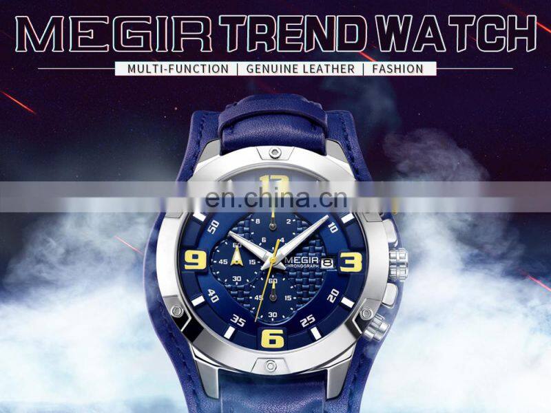 MEGIR ML2099G Men Quartz Watch Top Brand Luxury Gold Chronograph Date Military Sport Leather Band Male Clock