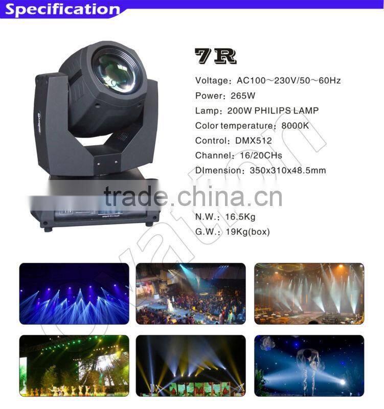 7R 230W beam light 17 gobos+white 14 colors+white 8 facet prism DMX/Auto Pan:Unlimited Tilt:270 degree