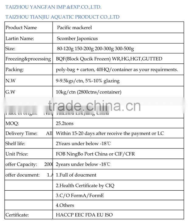 100-150g Frozen Pacific mackerel (Scomber Japonicus )