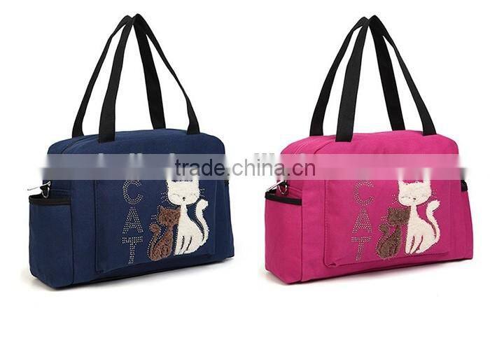 2016 Women Handbags Solid Color Canvas Bag Fashion Ladies Shoulder Bag With Cute Cat Appliques Portable Big Capacity Casual Tote