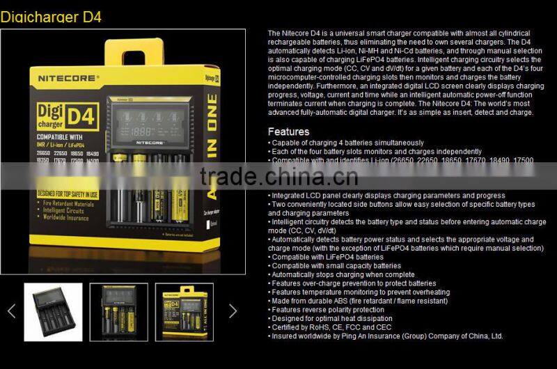 in stock Original Nitecore chargers D4/D2/I4/I2 18650 battery charger 12v 220v inverter with battery charger
