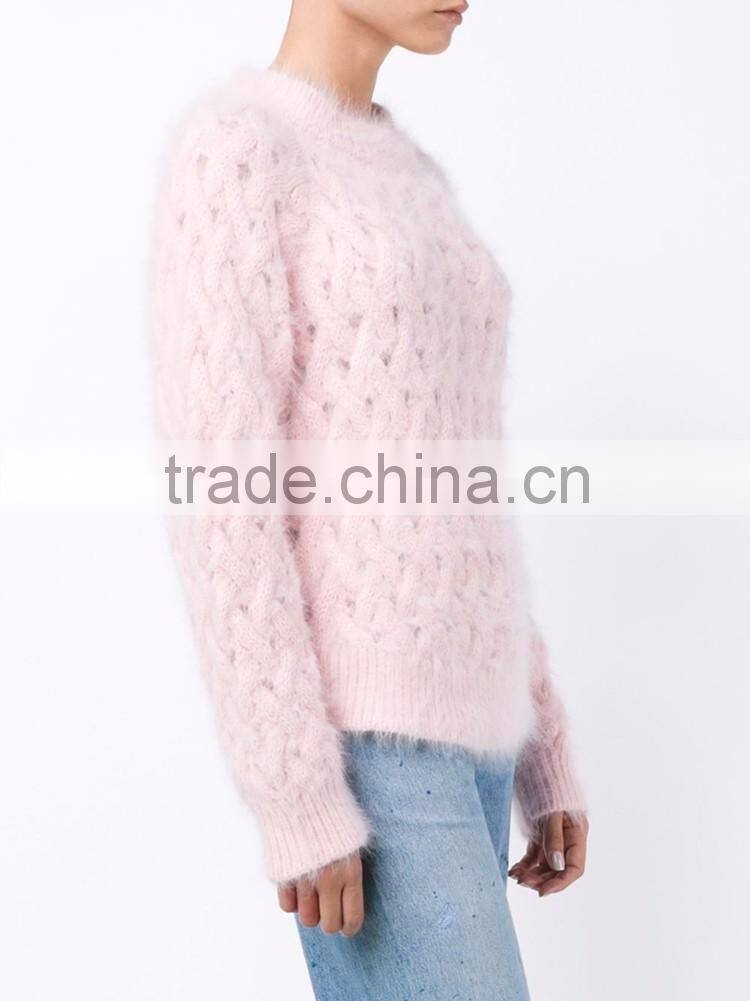 Pink blended thick knitting round collar buckles with ultra long sleeves