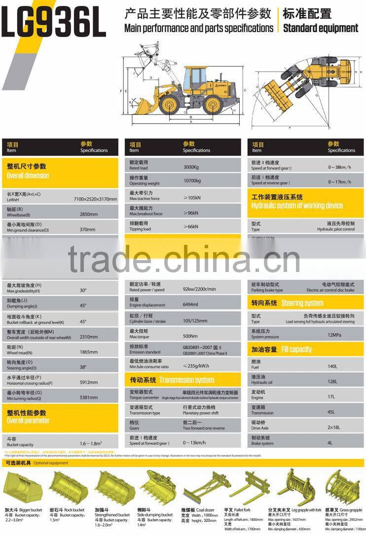 3.0ton wheel loader SDLG936L for sale
