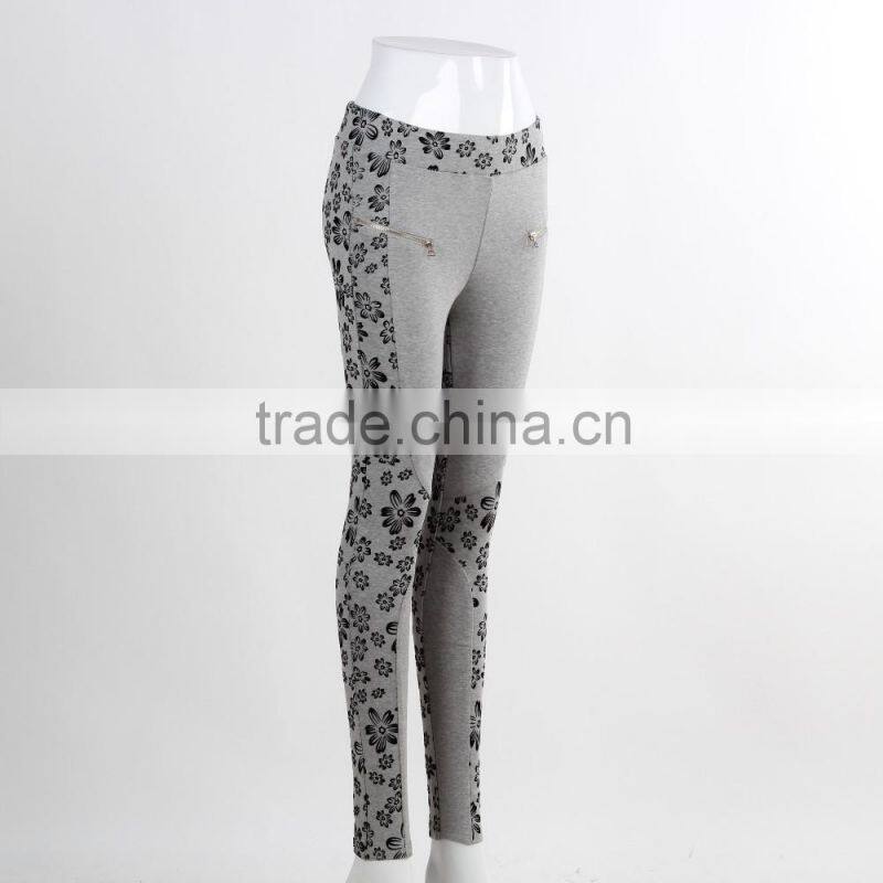 F5W31069 Women Flower Print Two Front Zippers Leggings