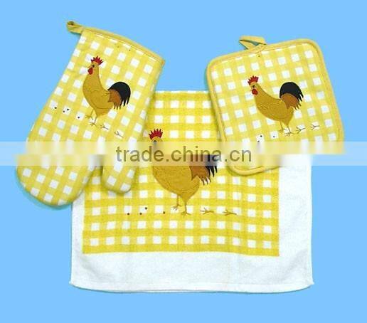 2017 rooster design 3 pcs silk screen print cotton kitchen muslin towel set