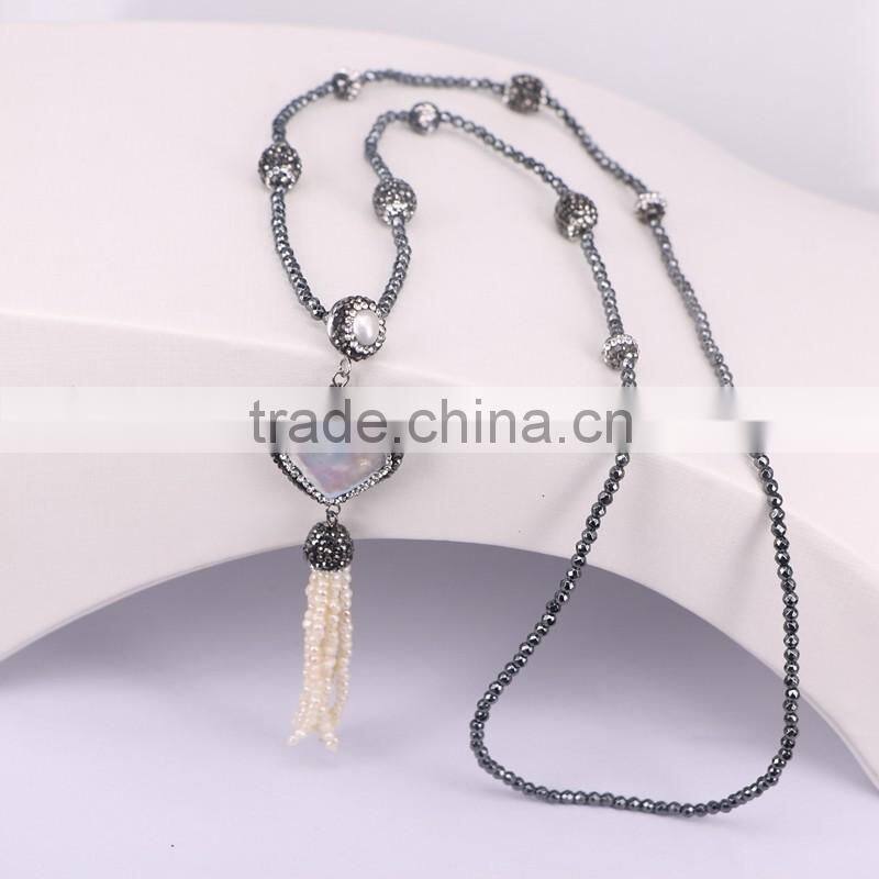Freshwater Pearl with Imitation Pearl Tassel Pendant Necklace, Pave Rhinestone Beads Hematite Beaded Necklace
