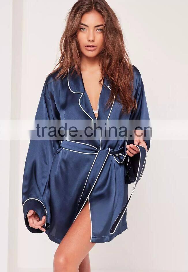 2017 New Arrival Pyjamas Kimono Silk Robe Navy Contrast Piping Embroidered Logo Shirt Dress With Tie Waist
