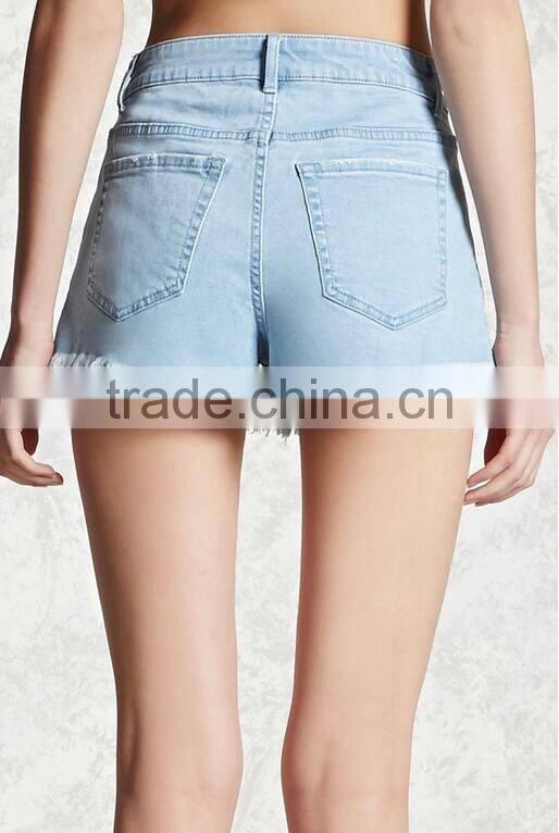 Ladies fashion high waist jeans shorts light blue washed denim shorts