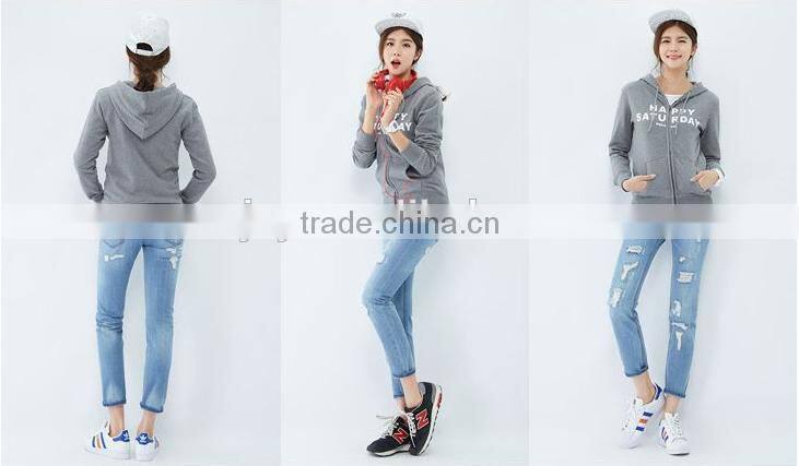 Female section hemp grey cultivate one's morality version hooded cardigan fleece jacket