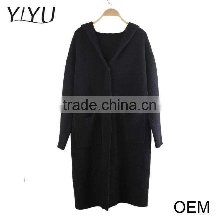 Clearance cheap black hooded three-quarter sleeve ladies cardigan sweater with pocket