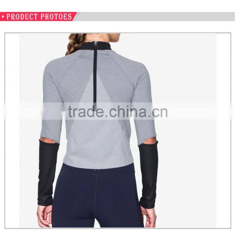 High-neck patch back zipper gym shirt spandex polyester running women custom sweatshirt