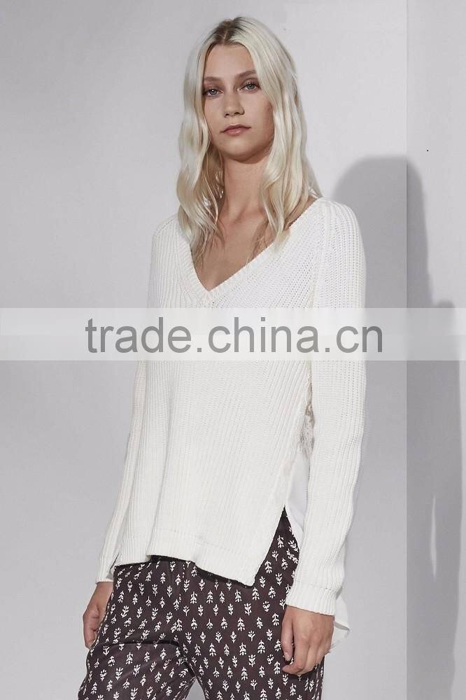 Fashion Women Knit Top Sweater With Lace Trim Pullover