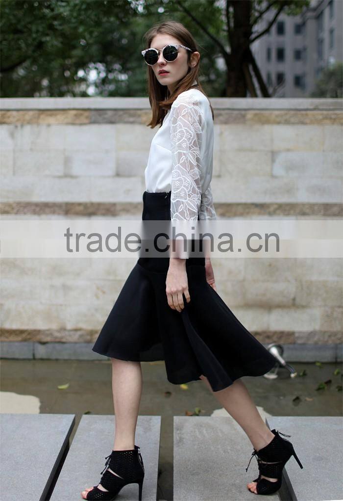 Guangzhou Shandao Wholesaler High Quality Fashion Party Wear Women Summer Black Knee Length Cotton Net Flare Long Skirt