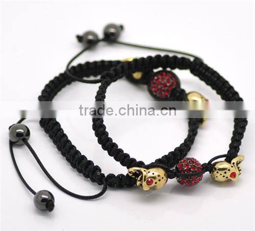 Pave Red Rhinestone Beads & Gold Tone Halloween Skull Beads & Black Braiding Adjustable Bracelets 18cm-25cm