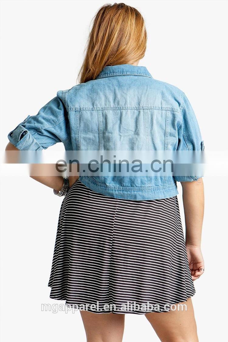 China OEM plus size clothes crop length denim jacket woman