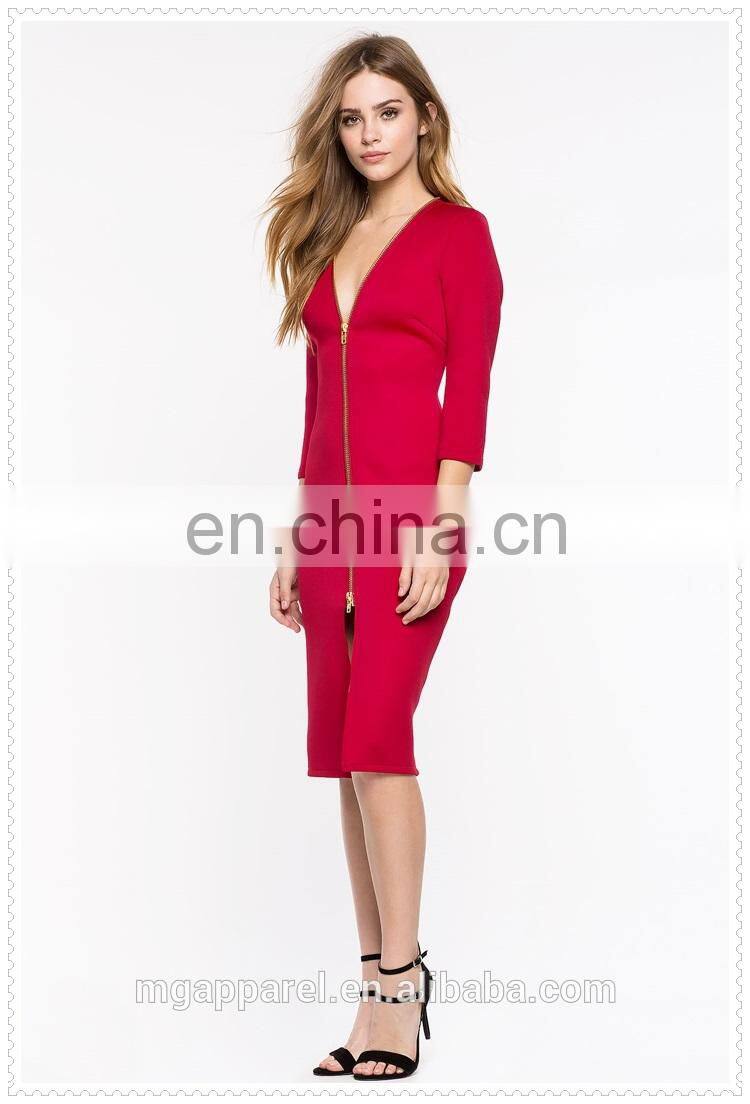 china fashion cheap sexy 3/4 sleeves zip front midi bodycon dress for women