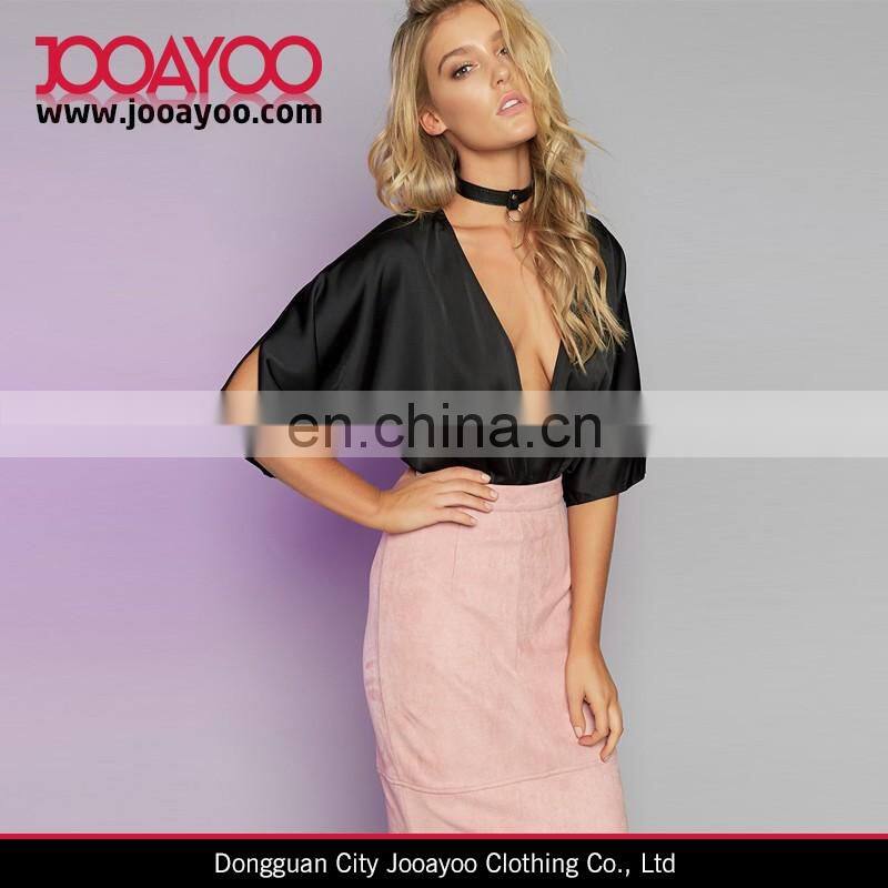 New Style Black Plunging V-Neckline Wide Sleeves Stretchy Bottom Bodysuit