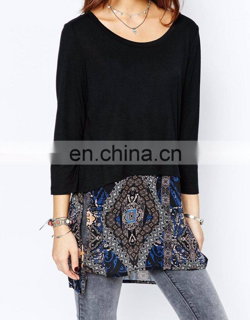 2016 Latest fashion woman blouse in twinset design with printed chiffon hem