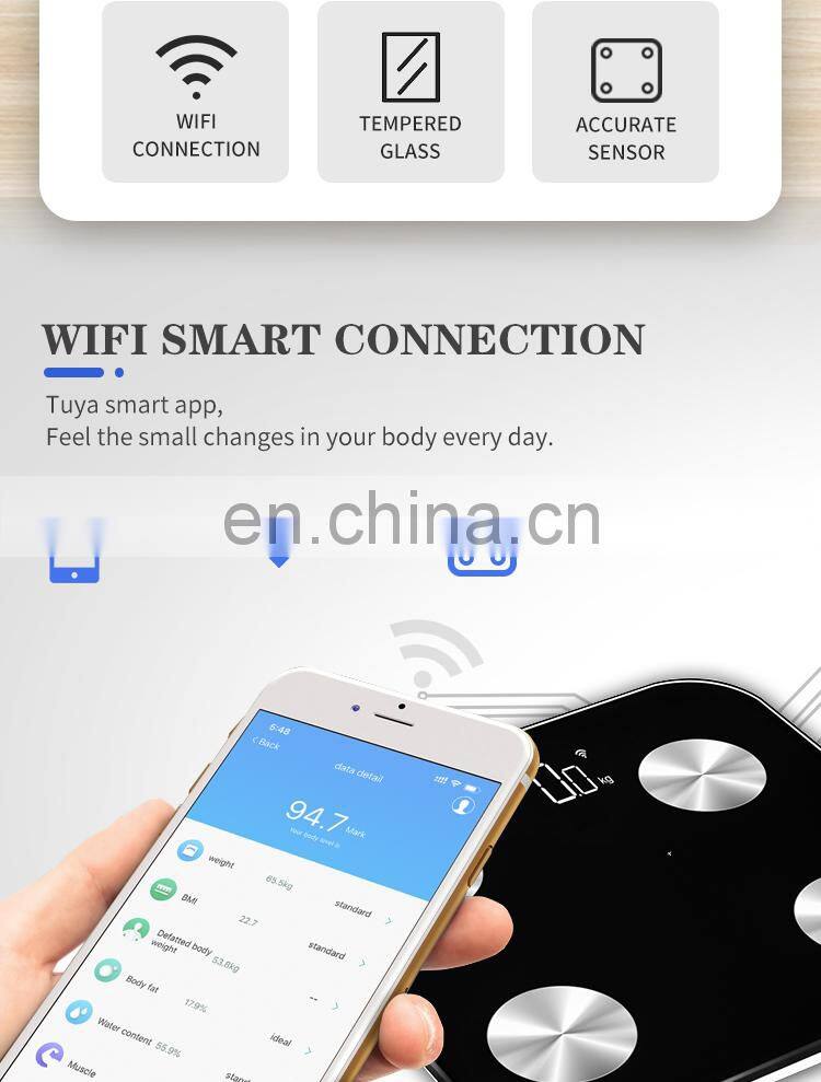 Eco Friendly BMI Healthy Calorie Measuring Digital Bathroom Body Fat Scale 180kg WIFI Connection Smart Scale