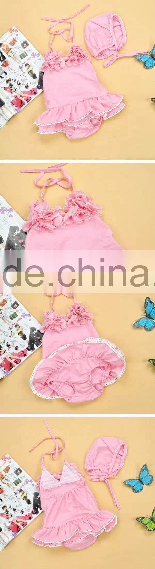 Hot selling!sexy one-piece pink bathing suit with cap for baby girls