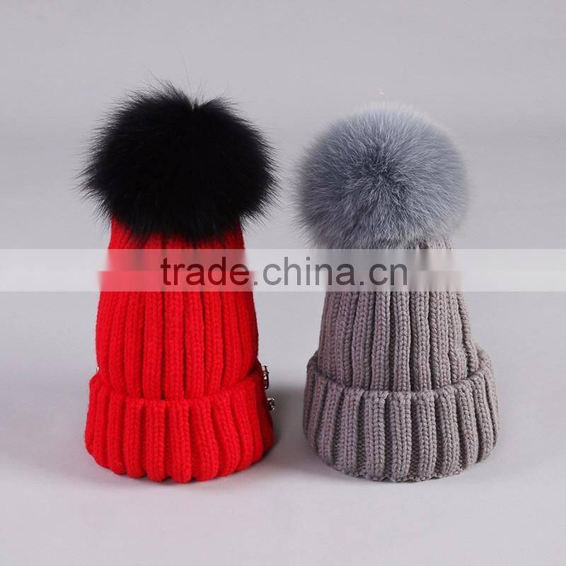 Winter Fashion Big Size Real Fox Fur Pompom Knitted Lady Wool Cap