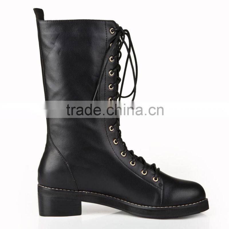 Fashion Ladies Black Real Leather Flat Heel Tie Up Half Boot