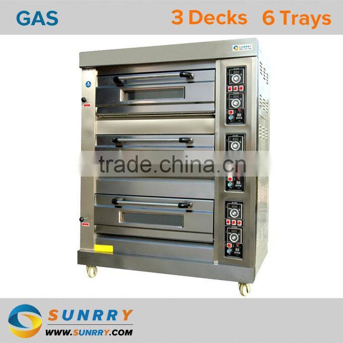 Energy saving commercial 3 deck 6 trays stainless steel cake baking gas oven for pizza used with door glass