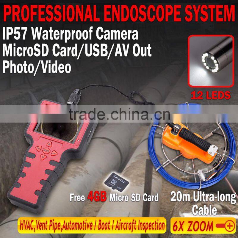Pro 20m 12 LED Endoscope Borescope sewer DVR 3.5" Pipe Inspection Camera System