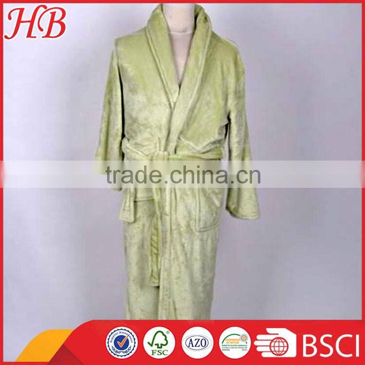green flannel fleece ladies bathrobe with emb and shawl collar, factory direct sale , sleepwear with low price