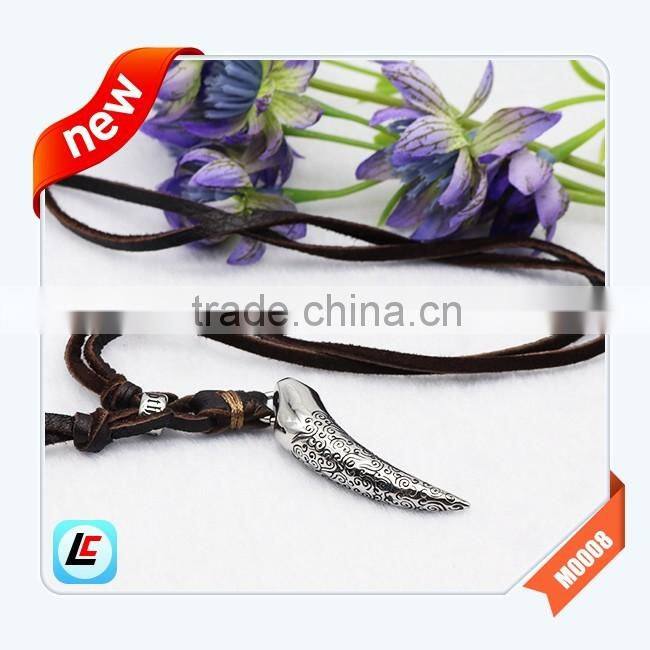 Chocolate Color Mens Leather Necklace Jewelry with Steel Horn Style Pendant