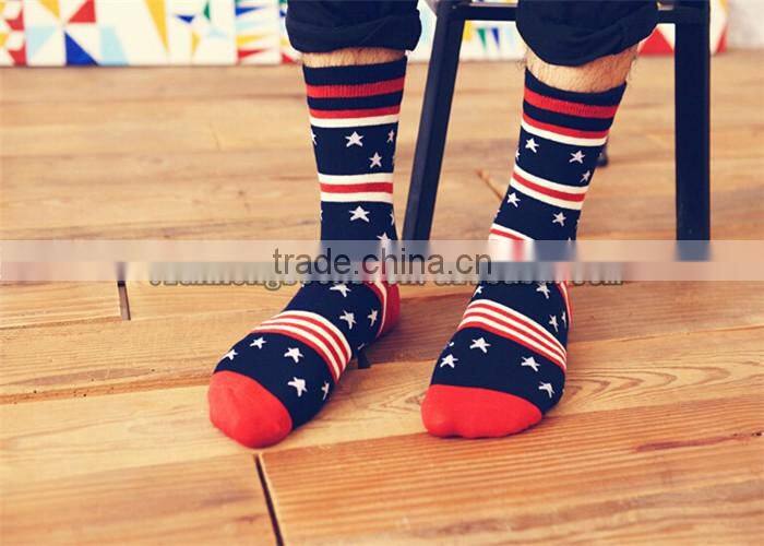 Custom White Striped And Star Design Half Terry Elastic Cuff Cotton Men Sport Socks