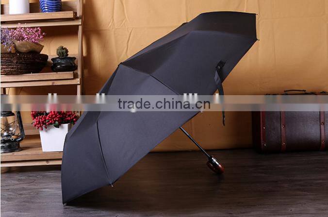 High quality Curve wooden handle pongee foldable umbrella,customized strong 3 fold auto open umbrellas for man