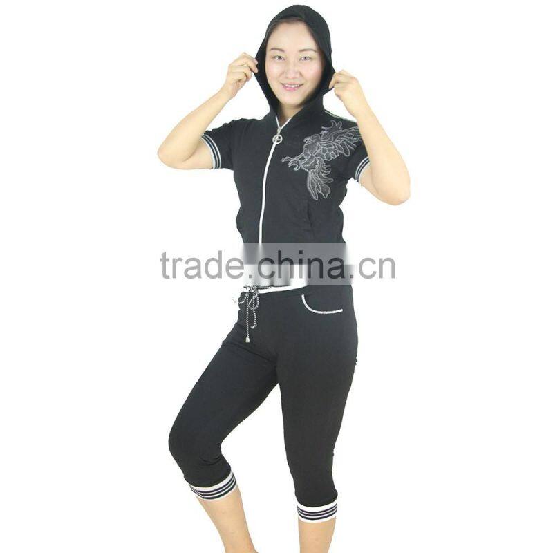 Women short sport jogging suit cotton jersey shiny emb. & print full zipper hooded