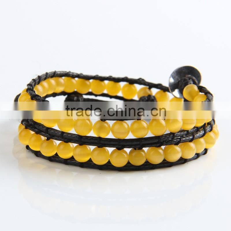 6mm natural yellow opal beaded wristband rope bracelet, adjustable leather bracelet, multi layer bracelet
