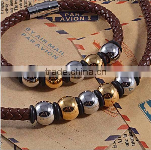 Europe Stainless Steel Two Tone Charm Cuff Bracelet Jewelry Sets Brown Leather Braided Necklace