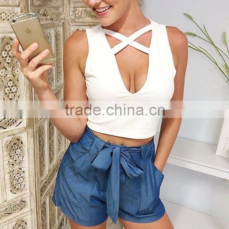 Bonvatt Sleeveless cross-three-color v-neck women's T-shirt