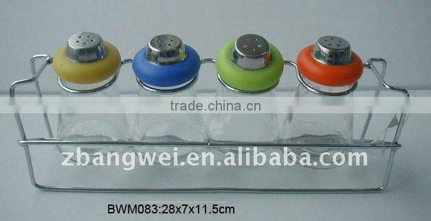 4 pcs glass spice jar set with metal rack