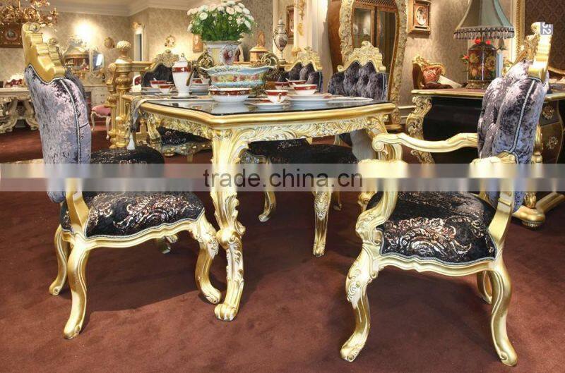 French Antique Wooden White Dining Table With Purple Fabric Dining Chair For 6 People / Luxury European Dining Room Furniture